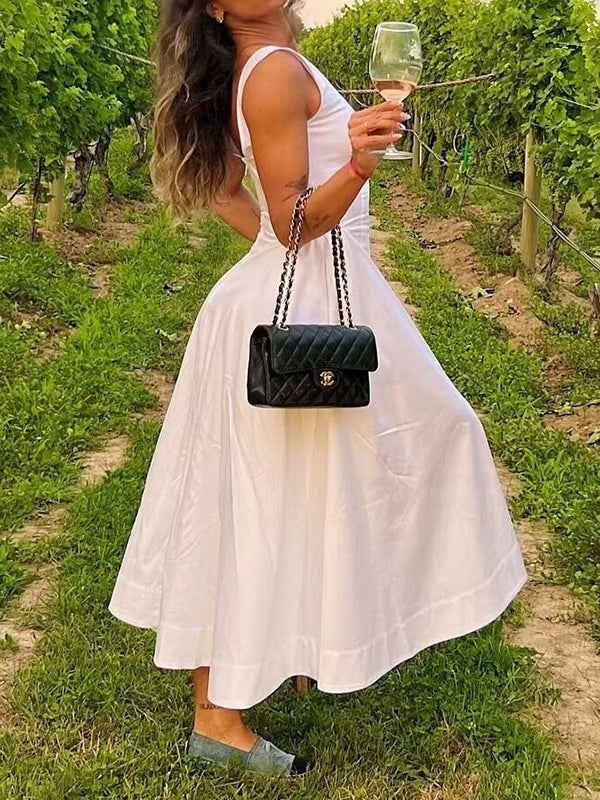 A-Line Loose No Belt Pleated Solid Color Zipper Round-Neck Midi Dresses