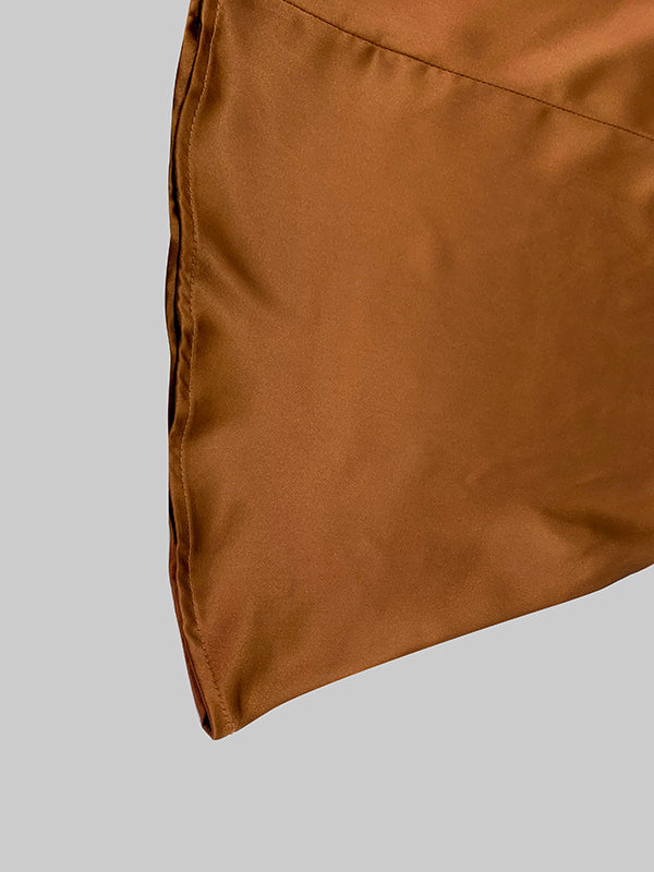 Long Sleeves Loose Pleated Shiny Solid Color Split-Joint Tied Waist High Neck Evening Dresses Maxi Dresses