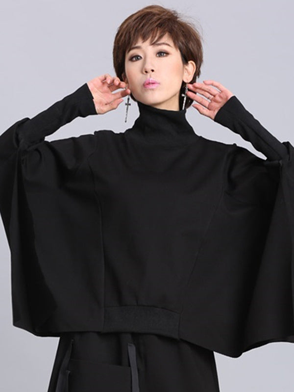 Solid Color Asymmetric High-Neck Loose Batwing Sleeve Sweatshirt
