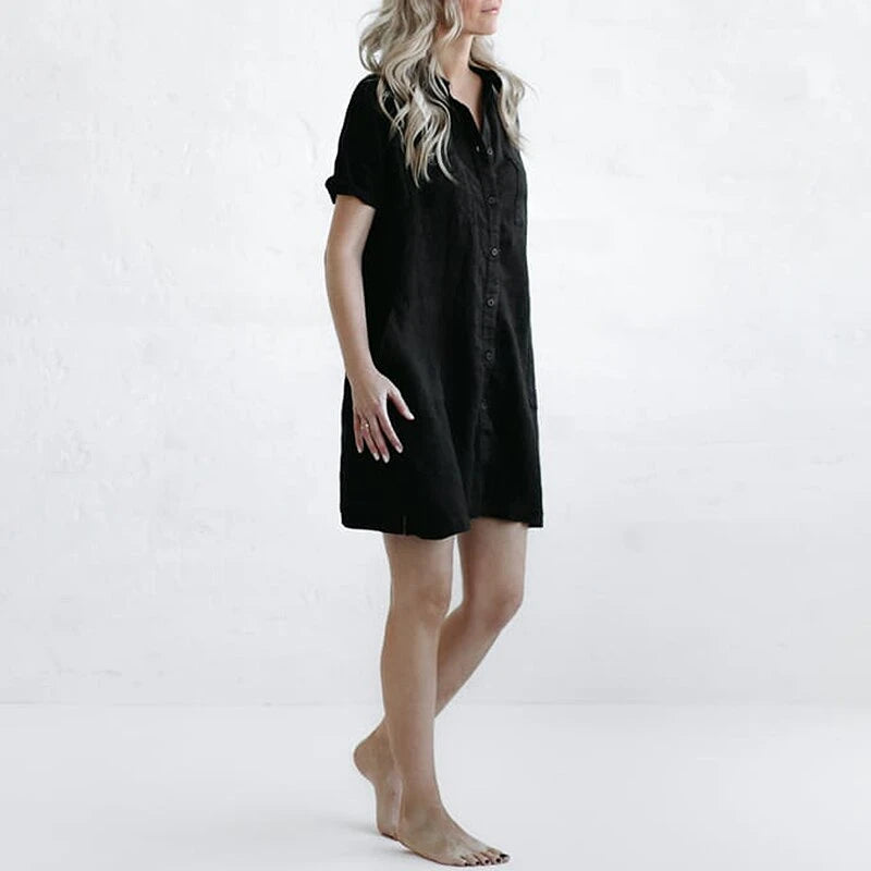 Casual lapel pocket solid color loose cotton and linen dress