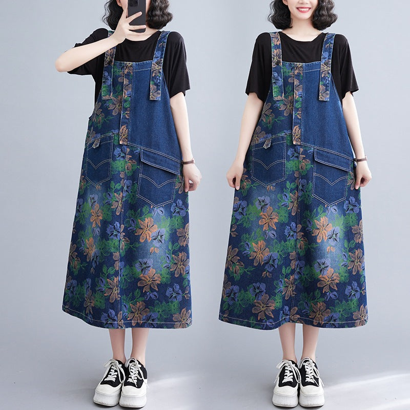Literary Print Splicing Denim Suspender Midi Dress