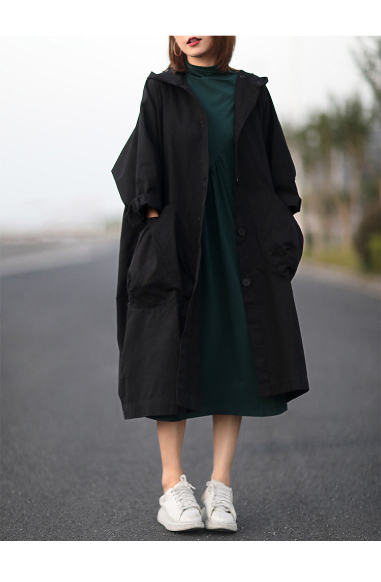 Cool Solid Color Hooded Long Windbreaker Coat