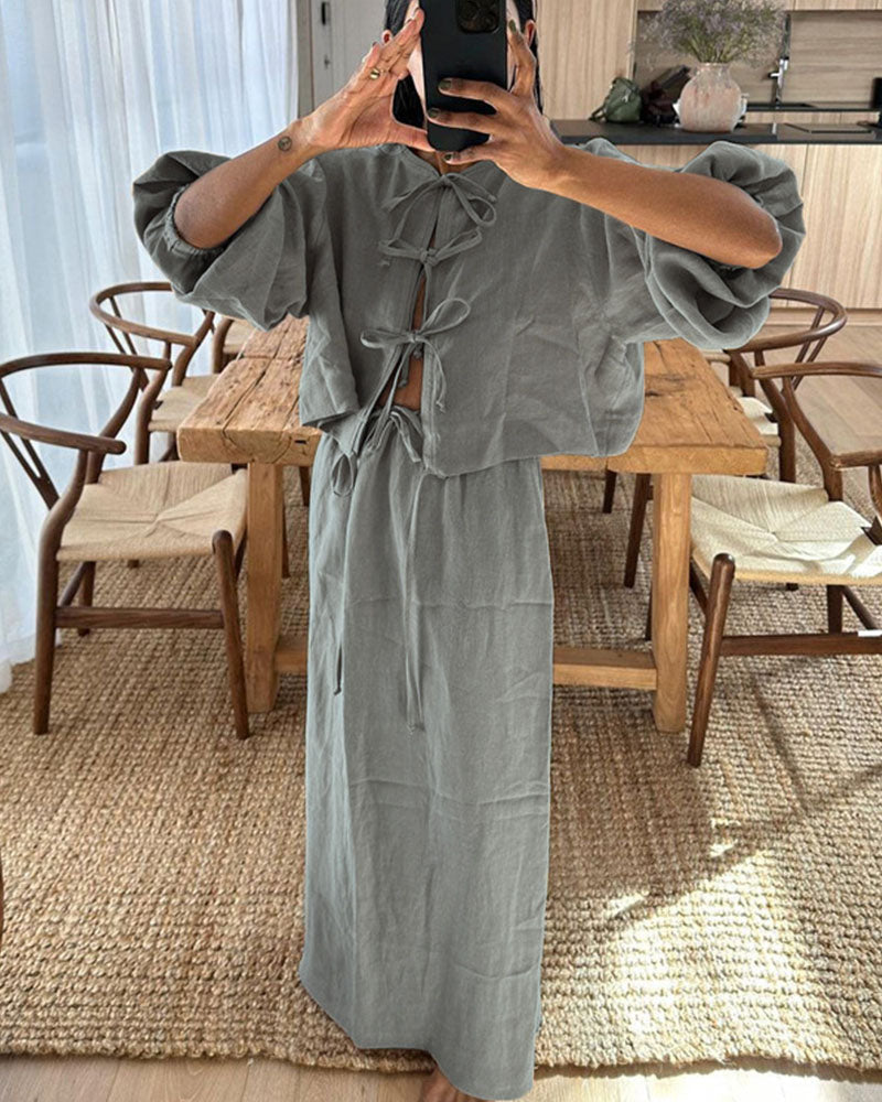 Retro puff sleeve two piece set