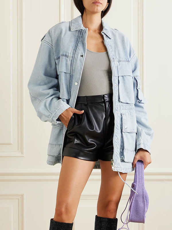 Long Sleeves Loose Buttoned Drawstring Pockets Split-Joint Lapel Outerwear