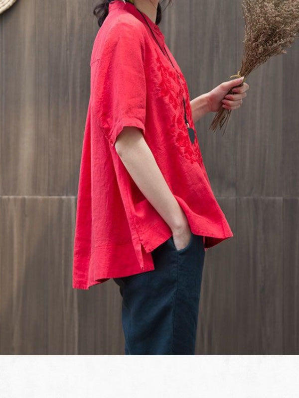 Loose Cotton Embroidered Short Sleeve Stand Collar Shirt