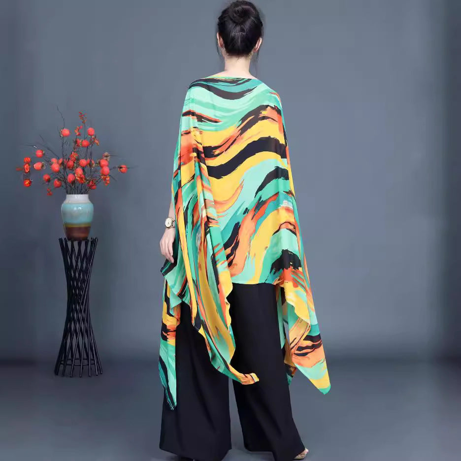 Loose Irregular Flowy Colorful Bat Sleeve Shawl Top