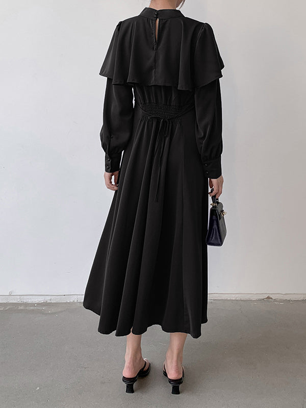 A-Line Long Sleeves Ruffle Trim Solid Color Tied Waist Mock Neck Midi Dresses