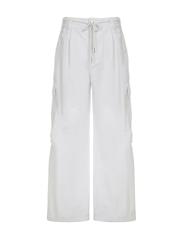 Loose Wide Leg Drawstring Pockets Solid Color Pants Trousers