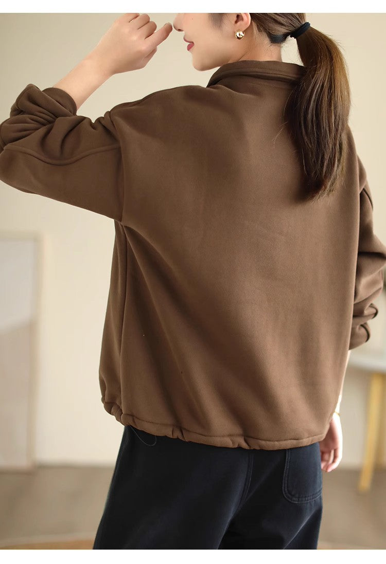 Literary Solid Color Cotton Long Sleeve Sweatshirt