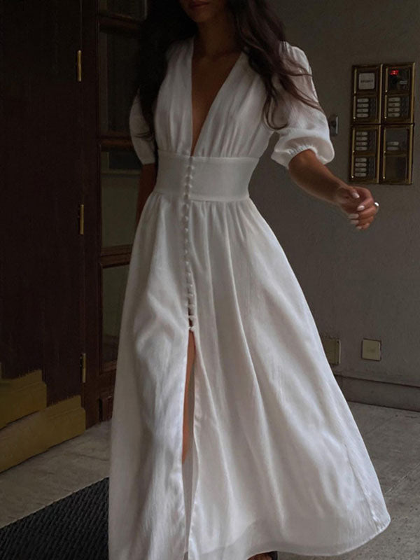 Puff Sleeve Waisted Maxi White Dress