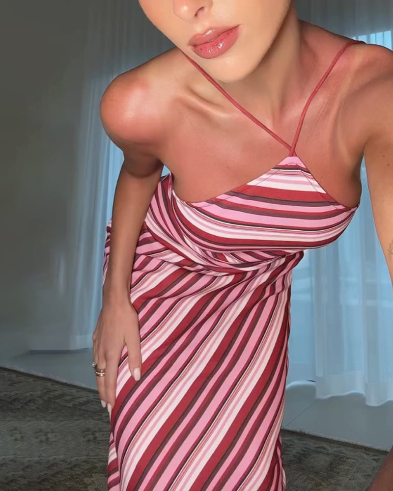 Casual Neck Strap Striped Dress