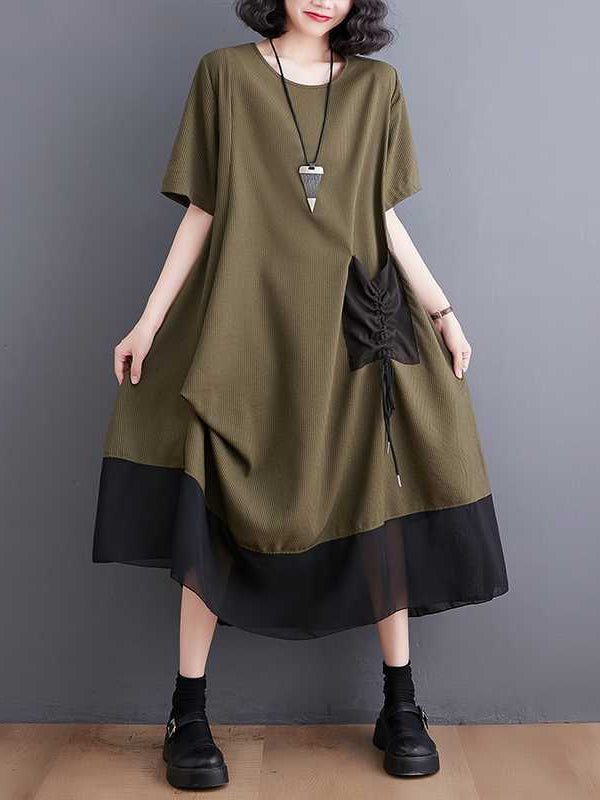 Vintage Literary Irregular Short Sleeve Midi Dress