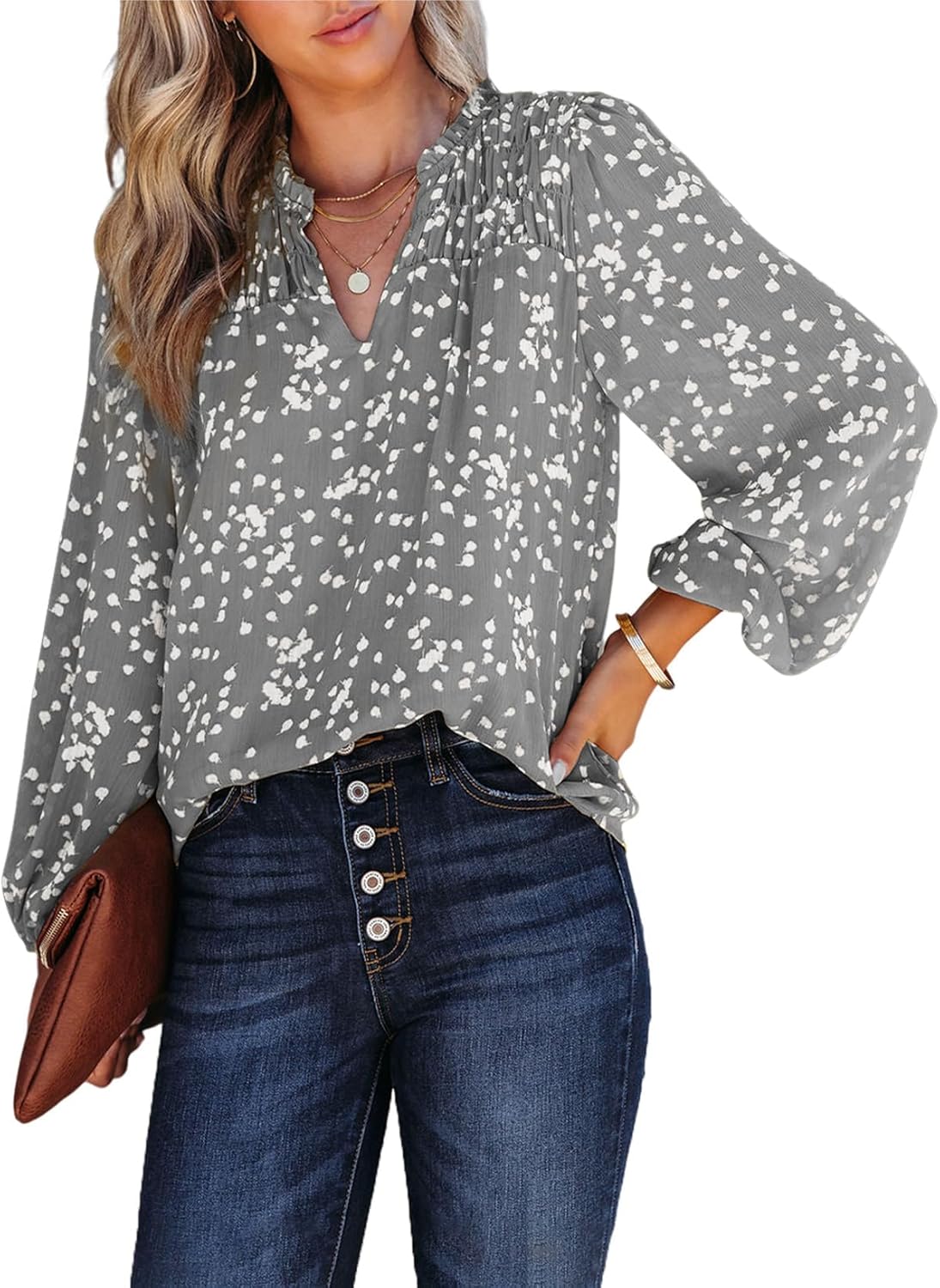 Relaxed V-Neck Floral Print Pleated Long-Sleeved Chiffon Shirt (Buy 2 Free Shipping)