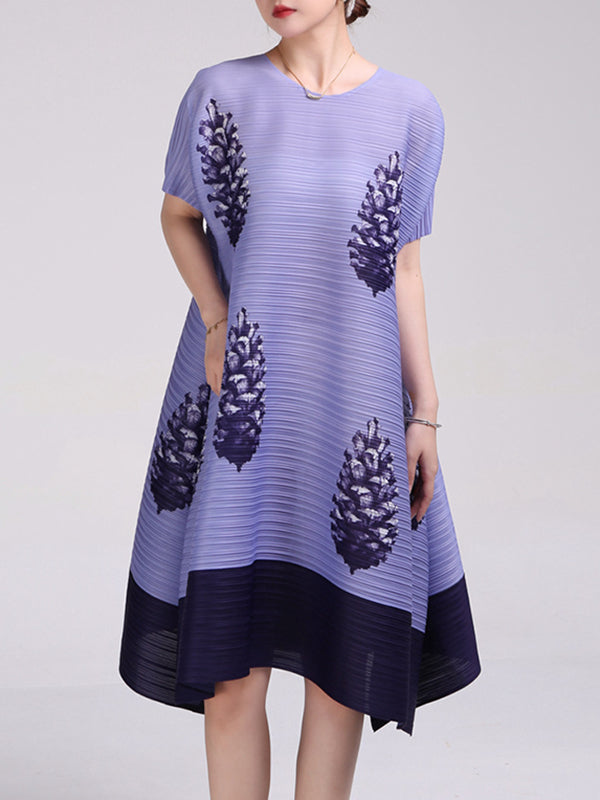 A-Line Loose Flower Print Pleated Round-Neck Midi Dresses