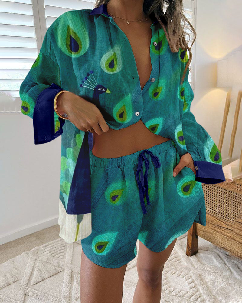 Smart peacock print casual two-piece set