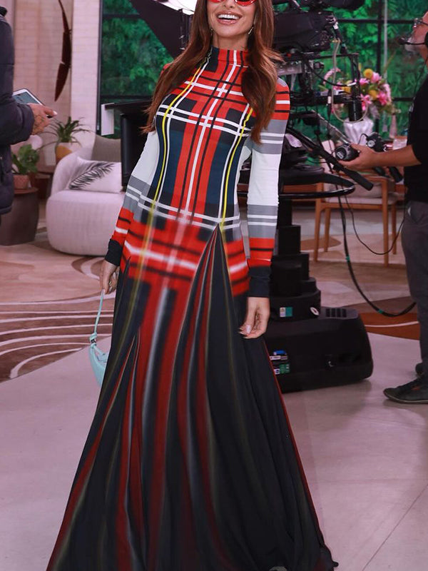 Long Sleeves Contrast Color Pleated Mock Neck Maxi Dresses