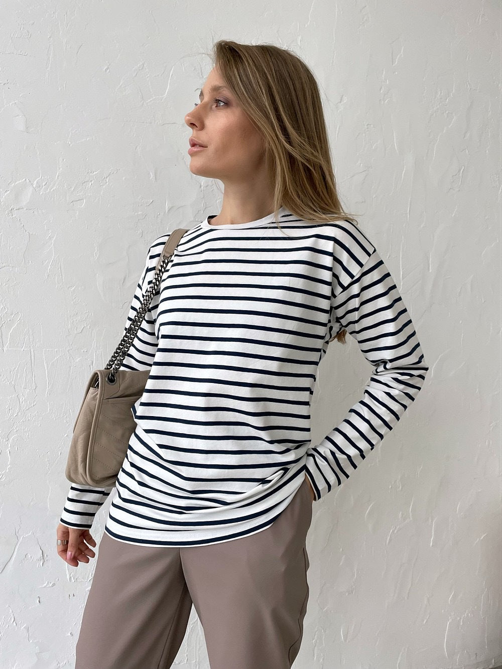 Long-sleeved striped T-shirt casual round neck cotton striped loose top