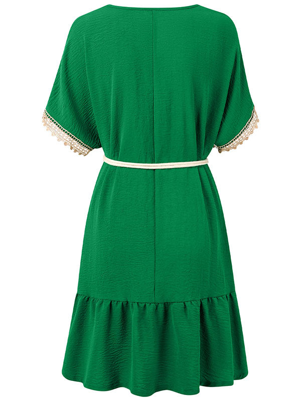 Short Sleeves Belted Split-Joint V-neck Mini Dresses