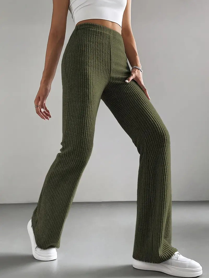 Solid Color Rib Knit Slim-Fit Trousers