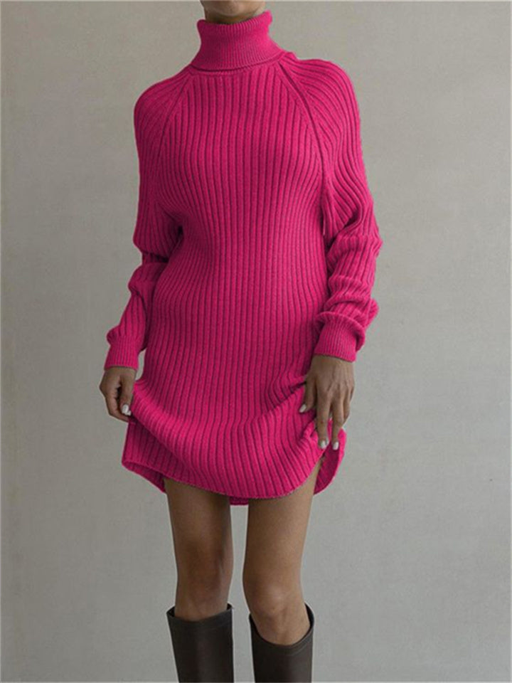 Long-sleeved High-neck Sweater Dress Women's Casual Loose Thickened Pit Stripes Solid Color Package Hip Autumn and Winter Knitted Dresses