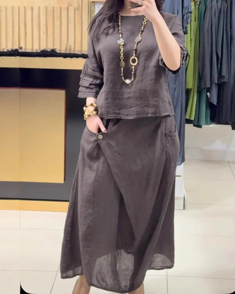 Loose Solid Color Half Sleeve Skirt Set