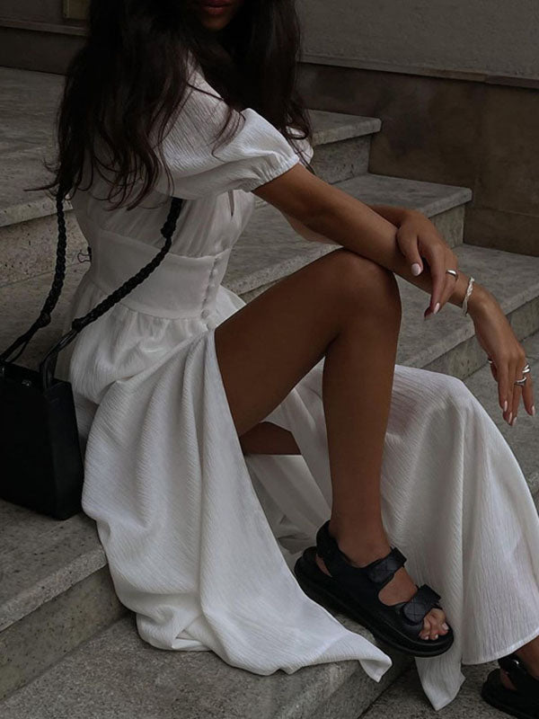 Puff Sleeve Waisted Maxi White Dress