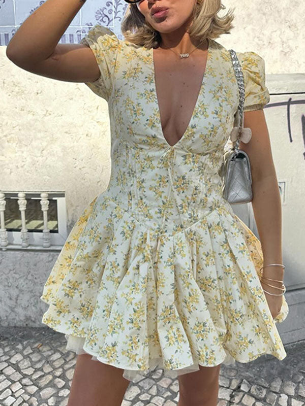 V Neck Ruffle Hem Floral Mini Dress
