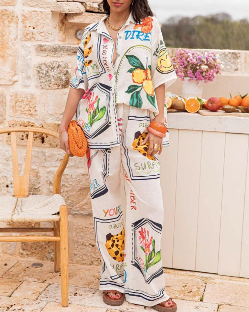 Personalized Graffiti Print Casual Shirt Wide Leg Pants Suit