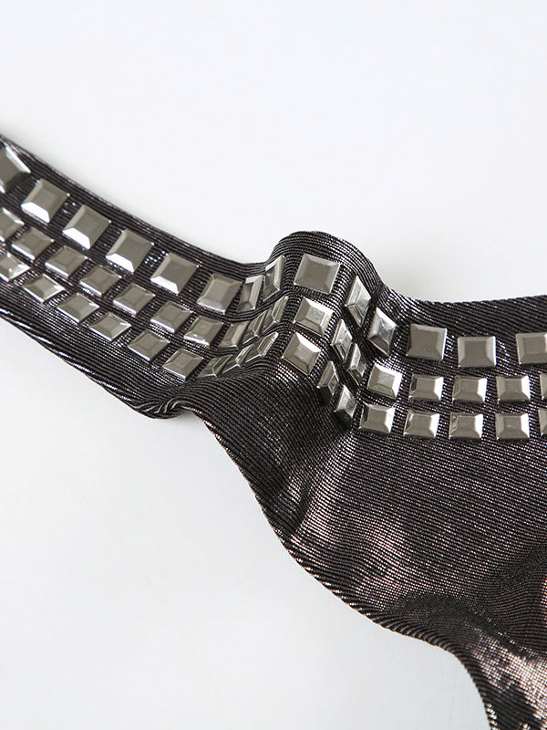 Skinny Sleeveless Backless Pleated Rhine Stones Tied Halter-Neck Vest Top