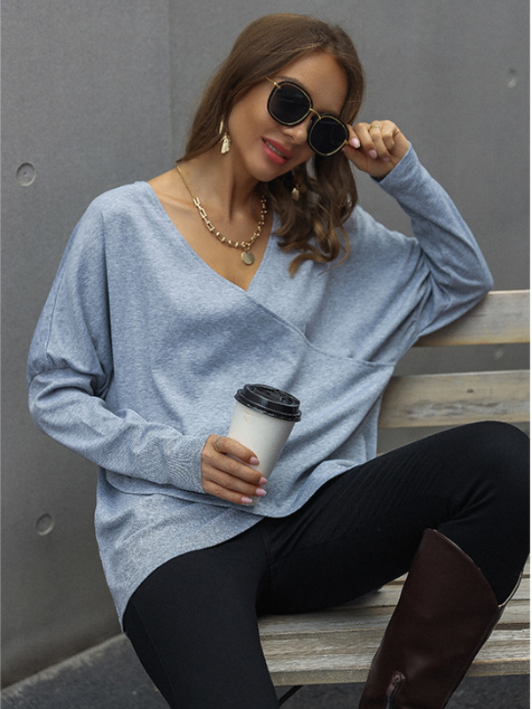 Solid Color Simple Warm Sexy V-Neck Cross Long-Sleeved Blouse