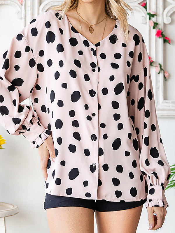 Long Sleeves Loose Buttoned Pleated Polka-Dot V-Neck Blouses&Shirts Tops