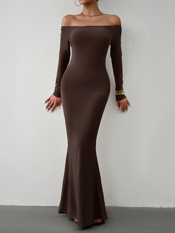 Bodycon Long Sleeves See-Through Solid Color Off-The-Shoulder Maxi Dresses