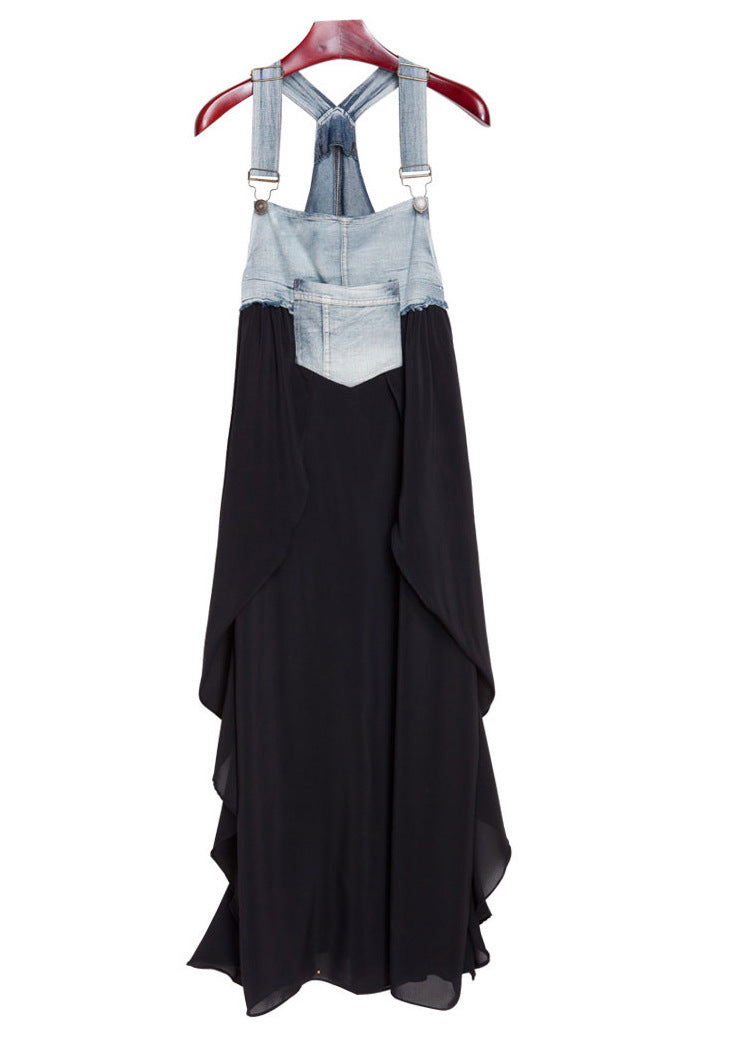 Loose Denim Splicing Suspender Maxi Dress