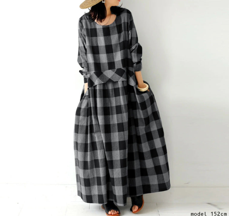 Vintage Plaid Long Sleeve Maxi Dress