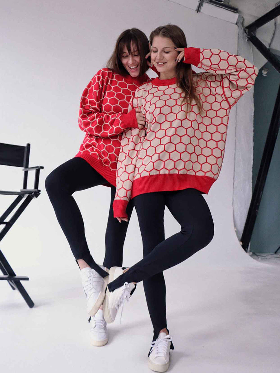 Round neck honey sweater autumn and winter loose plaid pullover round neck knitted women's top