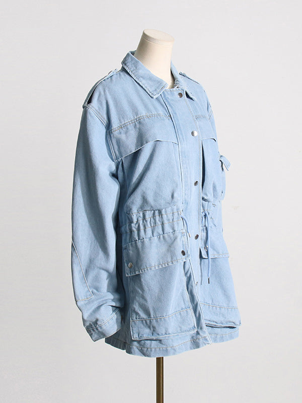 Long Sleeves Loose Buttoned Drawstring Pockets Split-Joint Lapel Outerwear