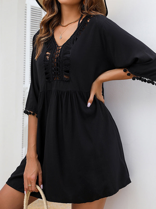 Half Sleeves Loose Hollow Solid Color Tasseled V-Neck Cover-Up Mini Dresses