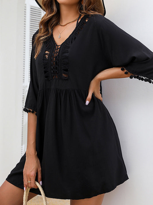 Half Sleeves Loose Hollow Solid Color Tasseled V-Neck Cover-Up Mini Dresses