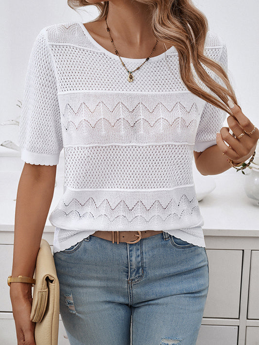 Half Sleeves Loose Hollow Jacquard Solid Color Round-Neck T-Shirts Tops