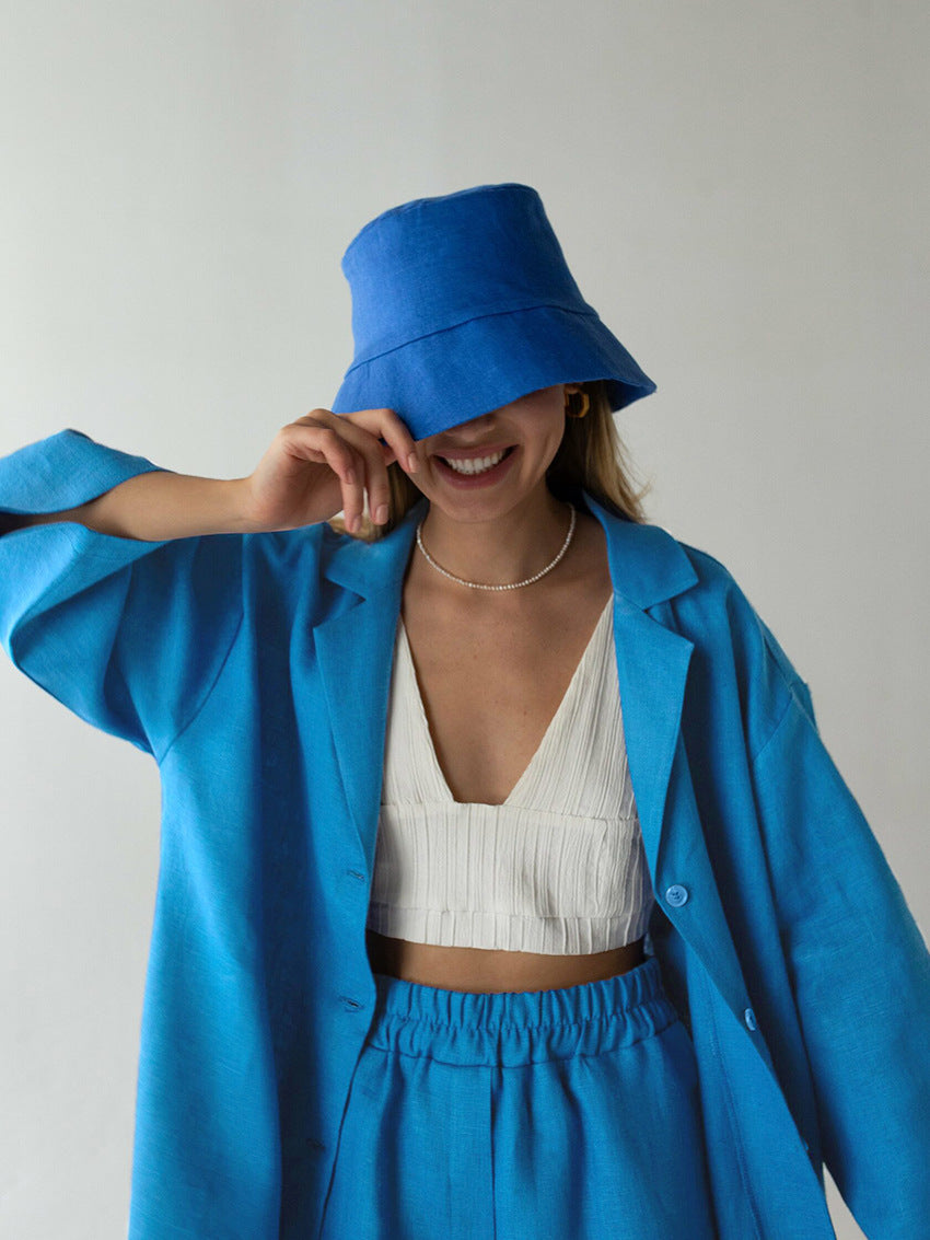 Cotton shorts suit women's lapel loose single-breasted Shirt high waist straight pants two-piece set