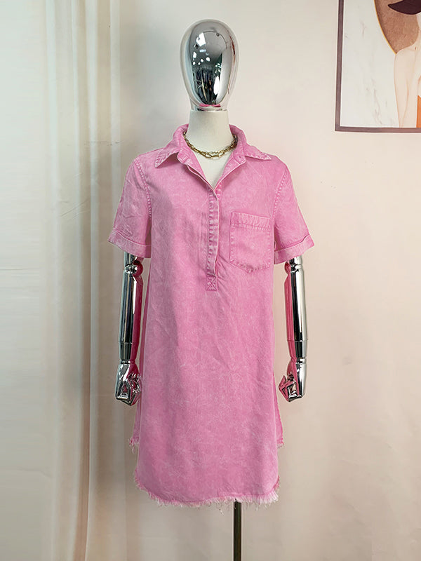 A-Line Loose Fringed Pleated Pockets Split-Joint Lapel Mini Dresses