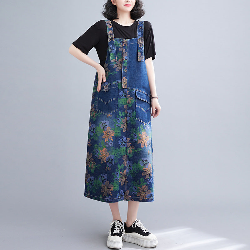 Literary Print Splicing Denim Suspender Midi Dress