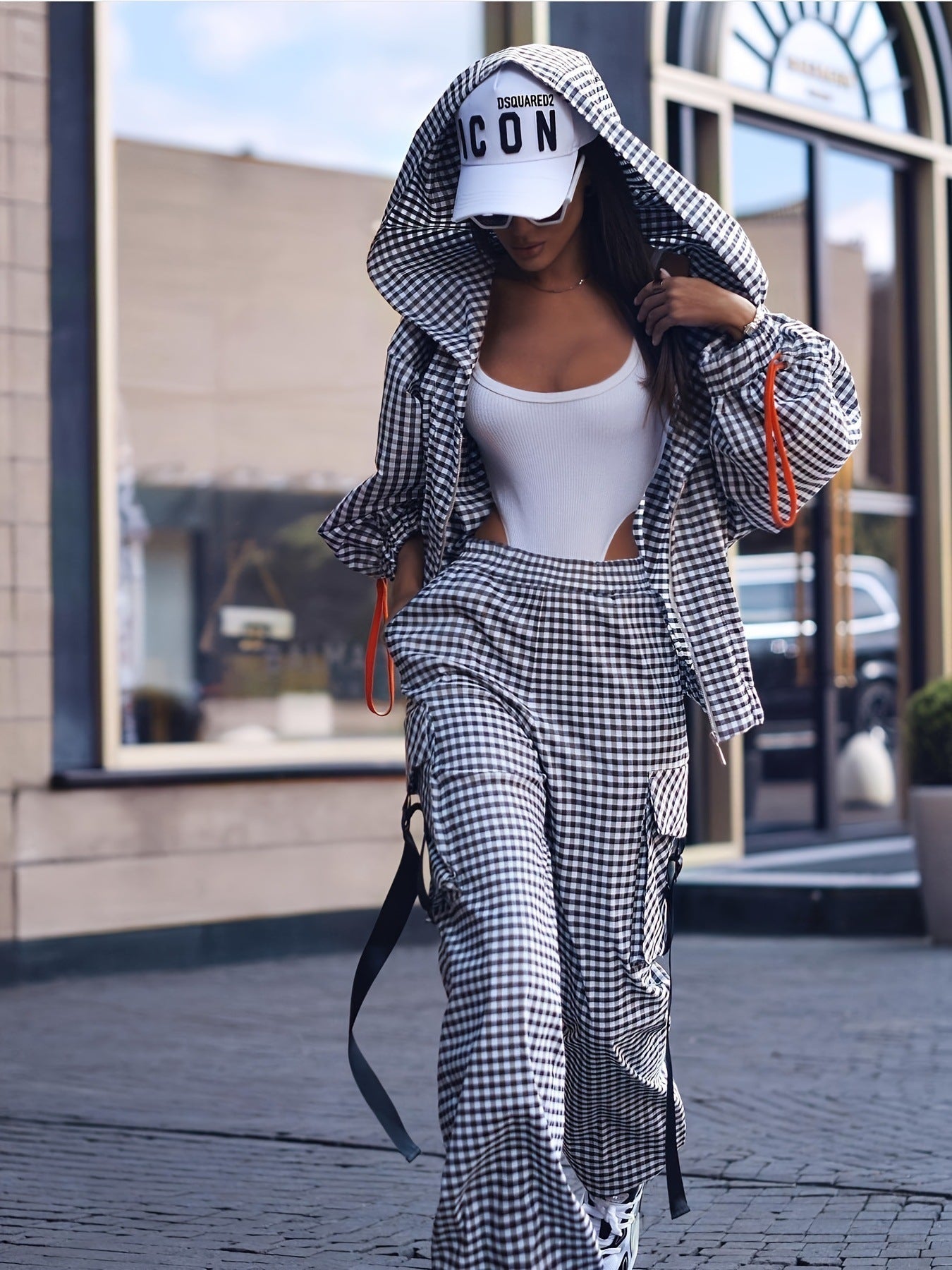 European and American 2025 Cross-Border Fashion Versatile Amazon Spring and Autumn Style Casual Plaid Pocket Hooded Loose Fit Stylish