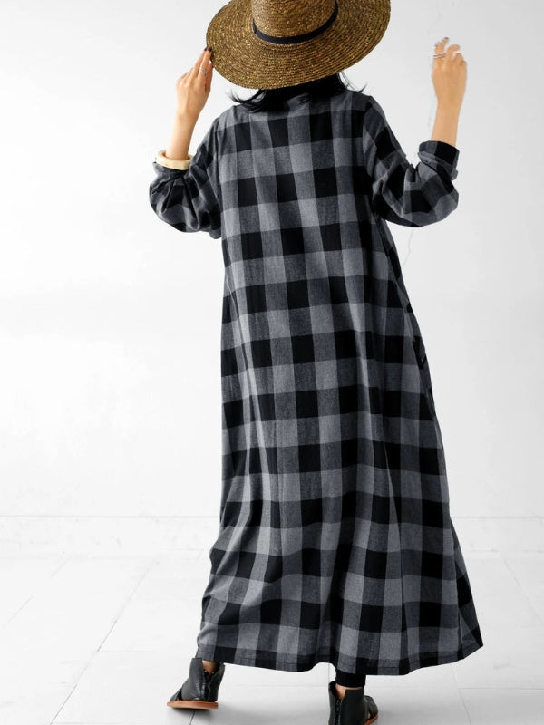 Vintage Plaid Long Sleeve Maxi Dress