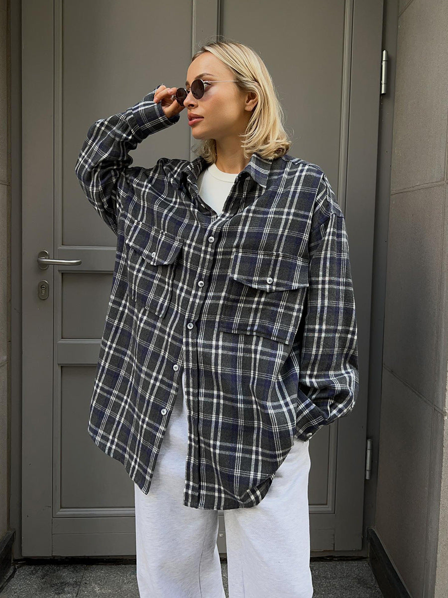 Plaid Shirt women's autumn retro double pocket striped mid-length shirt
