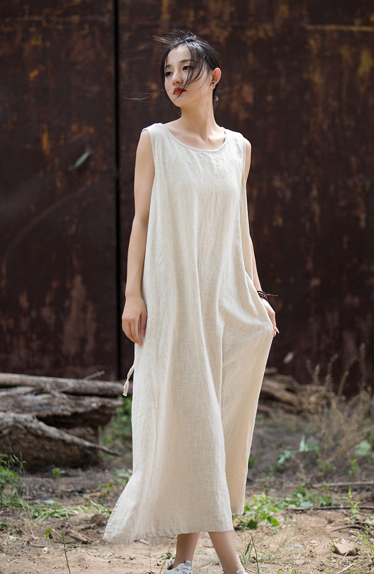 Simple Ramie Sleeveless Lace-up Midi Dress