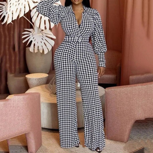 Full Length Office Lady Houndstooth High Waist Women's Jumpsuit