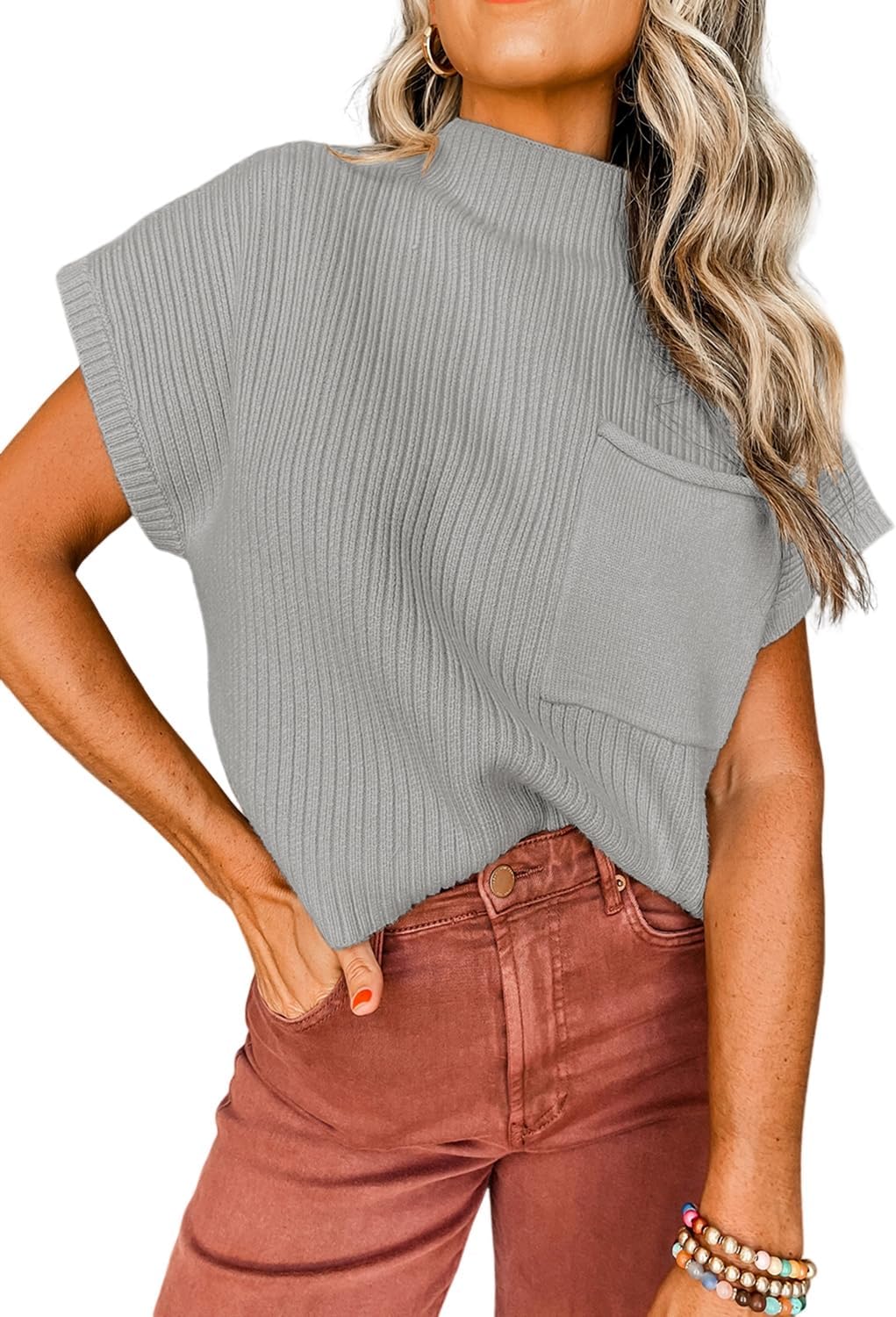 Casual Women's Stand Collar Short Sleeve Knitted Sweater Vest(Buy 2 Free Shipping)
