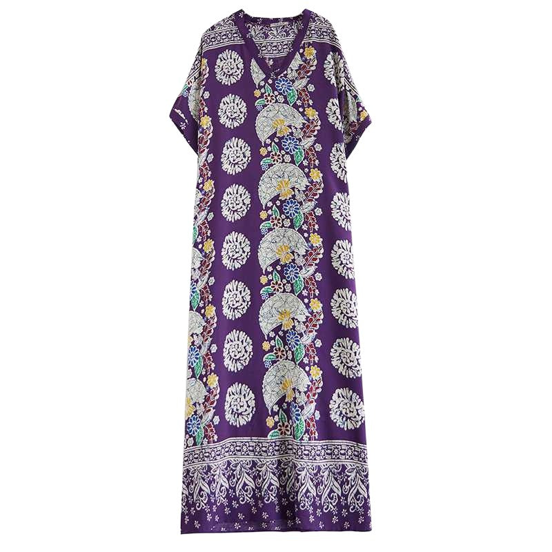 Retro Printed V-Neck Short Sleeve Maxi Dress