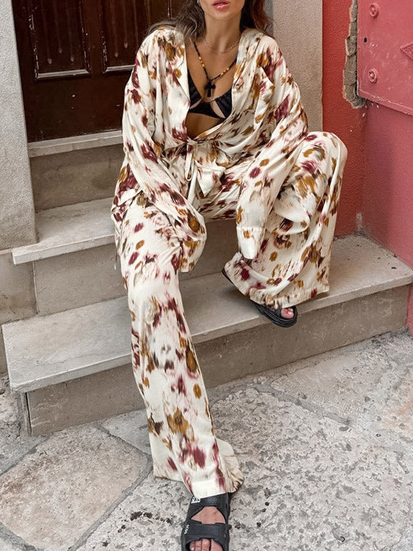 Long Sleeves Lace-Up Printed Lapel Blouse + High Waisted Elasticity Pants Two Pieces Set